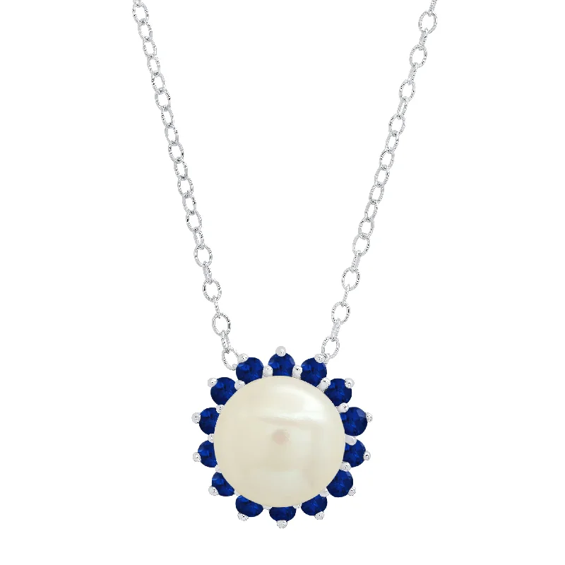 Bold And Beautiful Jewelry Now At Irresistible Prices Sterling Silver 9MM Cultured Pearl and Created Blue Sapphire Pendant Necklace Bold And Beautiful Jewelry Now At Irresistible Prices Sterling Silver 9MM Cultured Pearl and Created Blue Sapphire Pendant Necklace