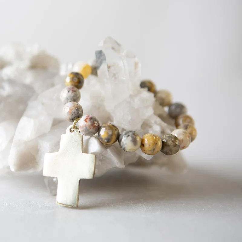 Eco-Friendly Sustainable Jewelry For Conscious Buyers Brass Cross Bracelet-Mexican Agate Eco-Friendly Sustainable Jewelry For Conscious Buyers Brass Cross Bracelet-Mexican Agate