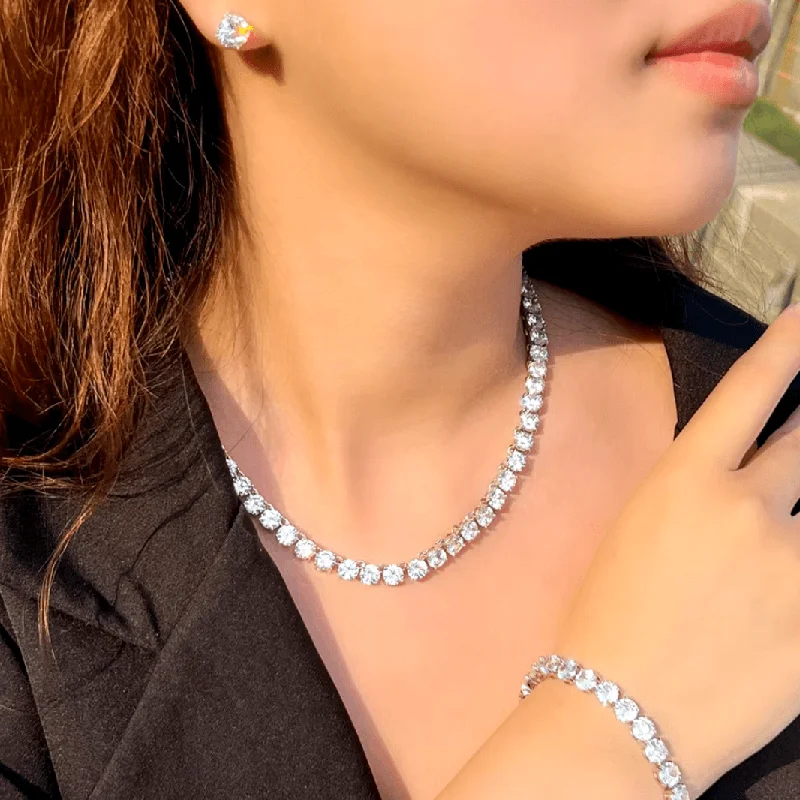 Get The Best Deals On Timeless Jewelry Pieces Shiny White CZ Crystal Tennis Wedding Jewelry Set – Choker Necklace, Earrings, Bracelet (3 Pcs) Get The Best Deals On Timeless Jewelry Pieces Shiny White CZ Crystal Tennis Wedding Jewelry Set – Choker Necklace, Earrings, Bracelet (3 Pcs)