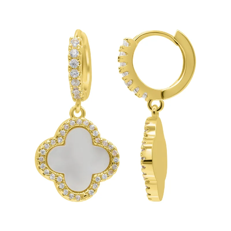 Don't Miss Our Biggest Jewelry Sale Of The Season 14K Gold Plated Crystal Halo White Mother-of-Pearl Clover Dangle Huggie Earrings