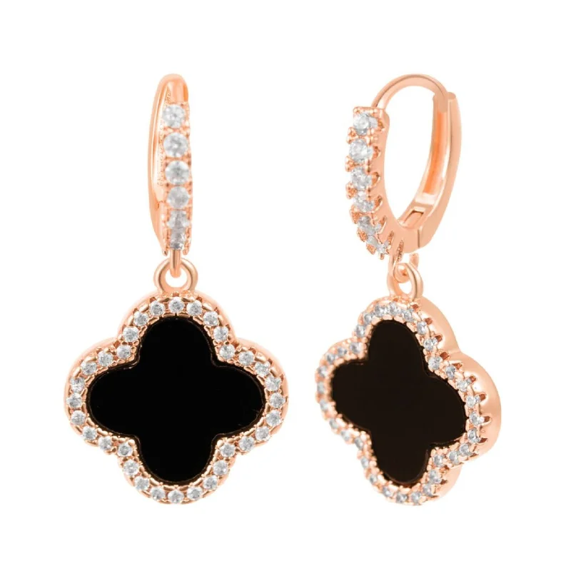 Shop Handcrafted Jewelry At Special Promotional Rates 14k Rose Gold Plated Crystal Halo Black Clover Dangle Huggie Earrings