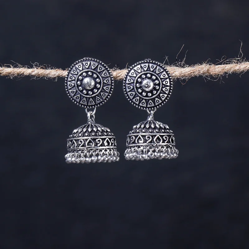 Celebrate Every Occasion With Sparkling Savings Antique Silver Finish Oxidised Brass Base Jhumka Earrings