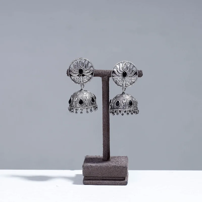 Upgrade Your Jewelry Collection For Less Antique Silver Finish Oxidised Brass Base Stone Work Jhumki Earrings