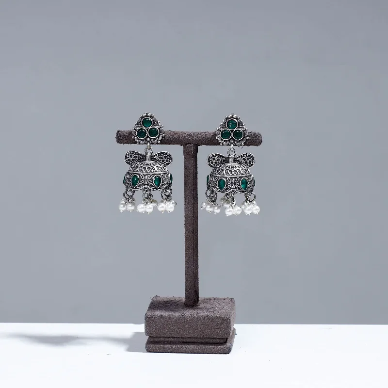 Luxury Jewelry Without The Luxury Price Tag Antique Silver Finish Oxidised Brass Base Stone Work Jhumki Earrings