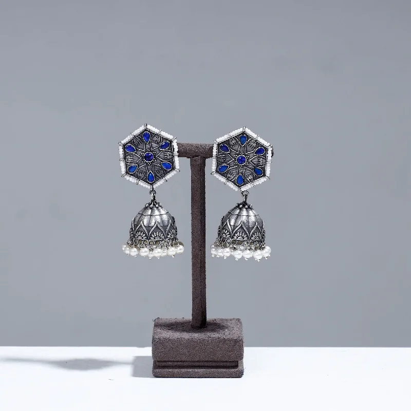 Exclusive Jewelry Markdowns – Limited-Time Offer Antique Silver Finish Oxidised Brass Base Stone & Beadwork Jhumka Earrings