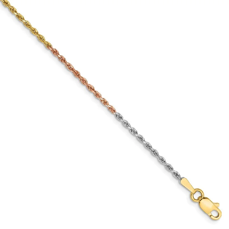 Dazzle In Elegance With Our Biggest Jewelry Sale 1.5mm 14k Tri-Color Gold D/C Solid Rope Chain Anklet or Bracelet Dazzle In Elegance With Our Biggest Jewelry Sale 1.5mm 14k Tri-Color Gold D/C Solid Rope Chain Anklet or Bracelet