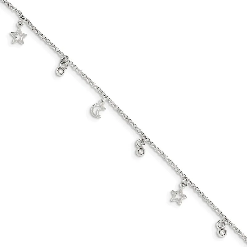 Affordable Glamour – Must-Have Jewelry At Special Rates Sterling Silver 1.5mm Rolo Chain Moon, Star And Bead Anklet, 9-10 Inch Affordable Glamour – Must-Have Jewelry At Special Rates Sterling Silver 1.5mm Rolo Chain Moon, Star And Bead Anklet, 9-10 Inch