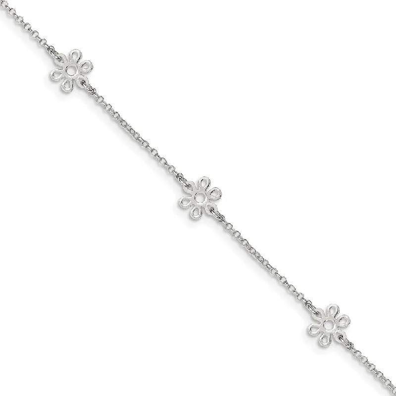 Seasonal Jewelry Deals – Elevate Your Style Sterling Silver Flower Station Cable Chain Adjustable Anklet, 9 Inch