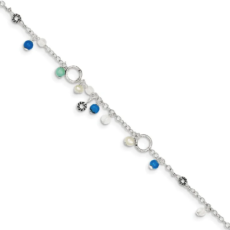 Personalized Jewelry At Special Discount Rates Sterling Silver Turquoise, Crystal And FW Cultured Pearl Anklet, 9 in Personalized Jewelry At Special Discount Rates Sterling Silver Turquoise, Crystal And FW Cultured Pearl Anklet, 9 in