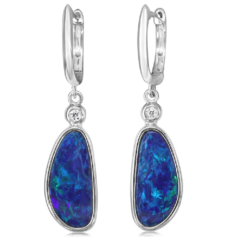 Shop Jewelry That Shines Without The High Price 14K White Gold Australian Opal Doublet with Diamond Earrings Shop Jewelry That Shines Without The High Price 14K White Gold Australian Opal Doublet with Diamond Earrings