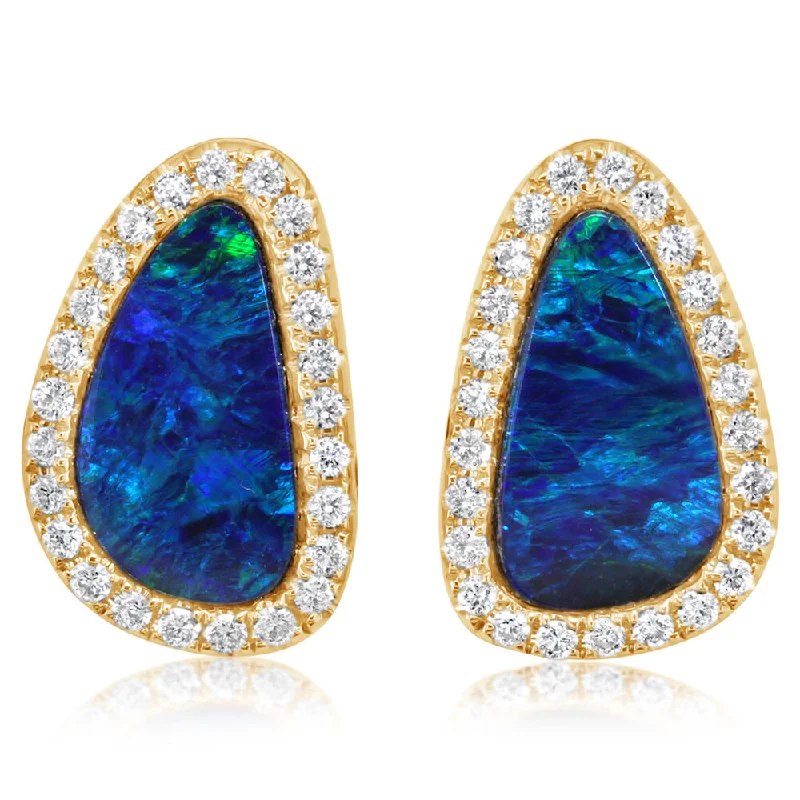Celebrate With Sparkle – Jewelry Sale Now Live 14K Yellow Gold Australian Opal Doublet/Diamond Earrings Celebrate With Sparkle – Jewelry Sale Now Live 14K Yellow Gold Australian Opal Doublet/Diamond Earrings
