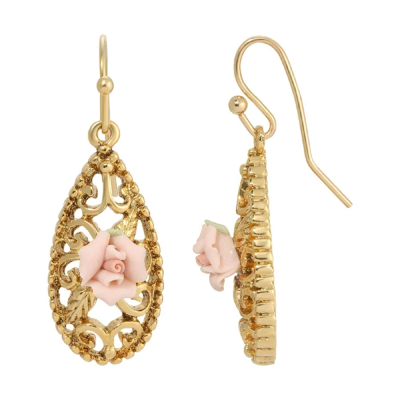 Bohemian-Inspired Jewelry For Free-Spirited Fashion 1928 Jewelry Teardrop Filigree Pink Porcelain Rose Drop Earrings Bohemian-Inspired Jewelry For Free-Spirited Fashion 1928 Jewelry Teardrop Filigree Pink Porcelain Rose Drop Earrings
