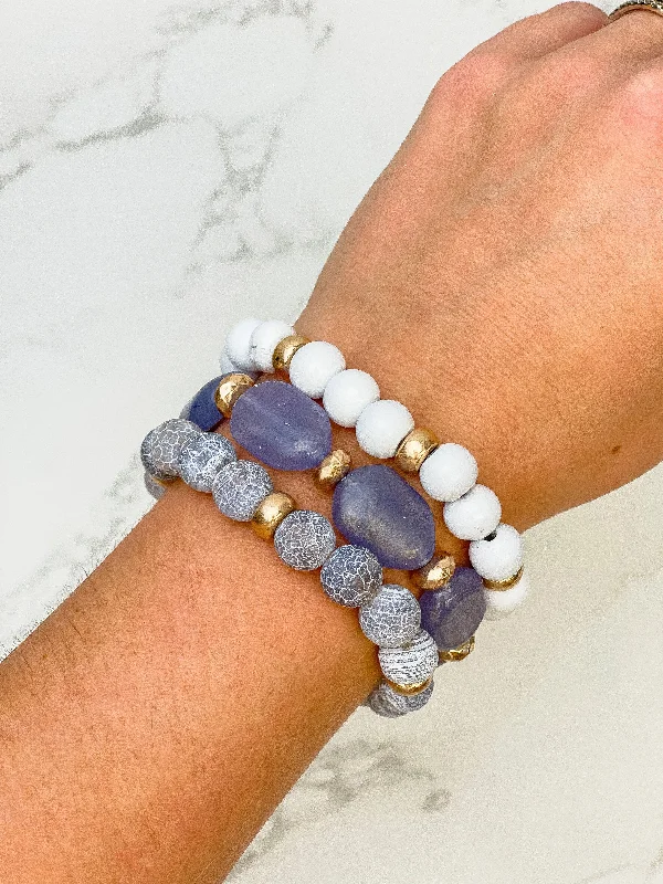 Fashion-Forward Geometric Jewelry For Contemporary Style Grey Stone & Wood Beaded Stretch Bracelet Set Fashion-Forward Geometric Jewelry For Contemporary Style Grey Stone & Wood Beaded Stretch Bracelet Set